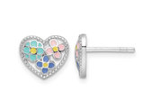 Sterling Silver Beaded Multi-color Enameled Floral Heart Children's Post Earrings